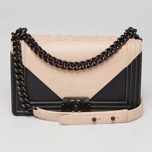 Chanel Bi-Color Beige/Black Leather Medium Boy Bag